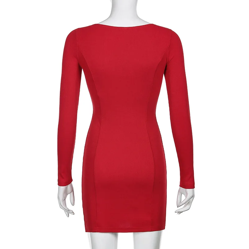 Women's Sexy Knit Bodycon Dress Gothic Square Neck Long Sleeve Mini Sweater Dress Rave Festival Clubwear Slim Dress sweater dress