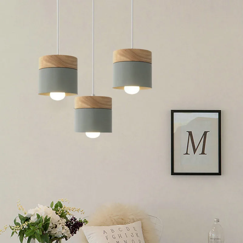 

Nordic Colorful Wrought Iron Macaron Single Head Lighting Modern Interior Decoration Kitchen Bedroom Wooden LED Chandelier