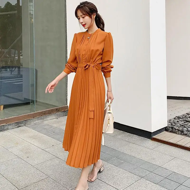 

Autumn Long Sleeve Women Pleated dress 2019 New Slim Button Pleated Long OL Dress Eleagnt Party Female Lady Office Work Dresses