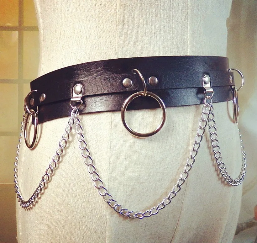 2021 New Punk Gothic Faux Leather Belt Metal Chain Ring Waist Strap Street Dance Decor pink belt Belts