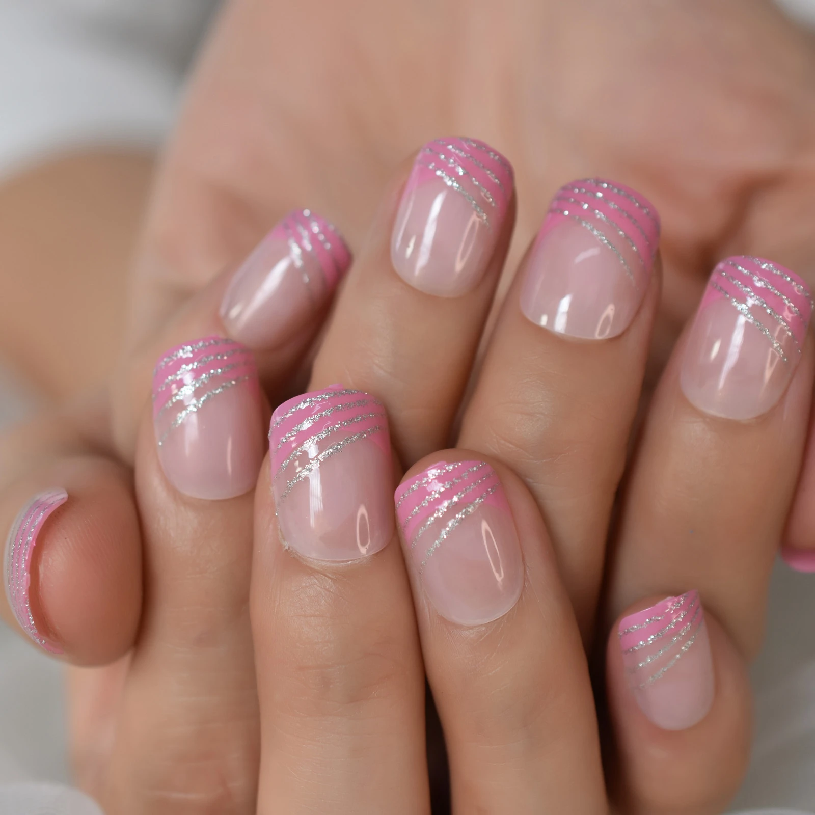 Pink French Nail Silver Glitter Wind Style Shimmer Decorative Artificial False Nails Short Round Shape Manicure Tips 24 False Nails Aliexpress