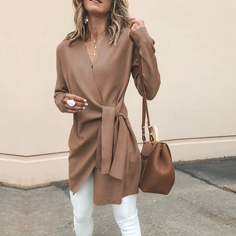 

Long Winter Wool Coats Women Autumn V Neck Lace-up Casual Slim Blend Overcoats Woman Long Coats Winter 2019 WLD828
