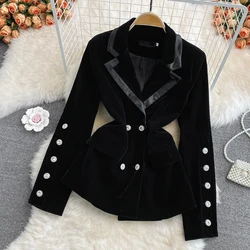Senhoras preto manga longa veludo preto botão de strass jaqueta nova moda temperamento 2021 outono/inverno festa jaqueta