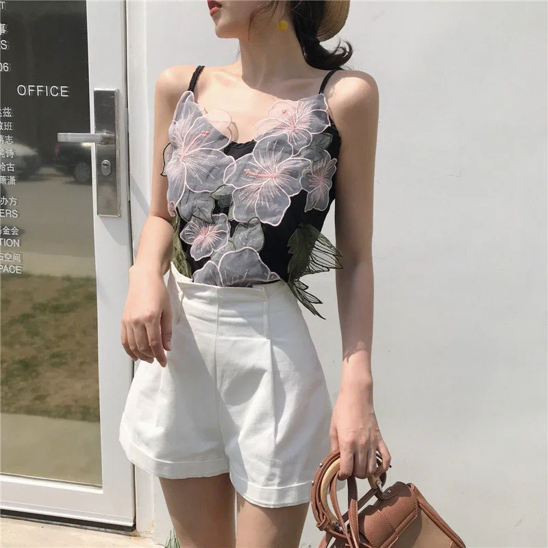 Sling Top Women Halter V Neck Basic White Cami Sleeveless applique Tops Women'S Summer Camisole