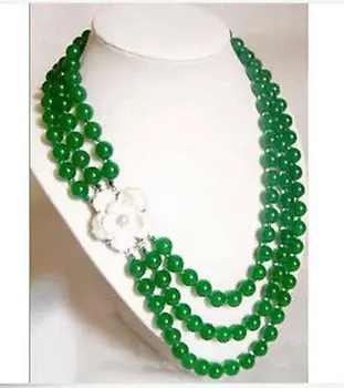 

3 Rows Natural 8mm Green Jade Round Beads Necklace 17-19'' Shell Flower Clasp
