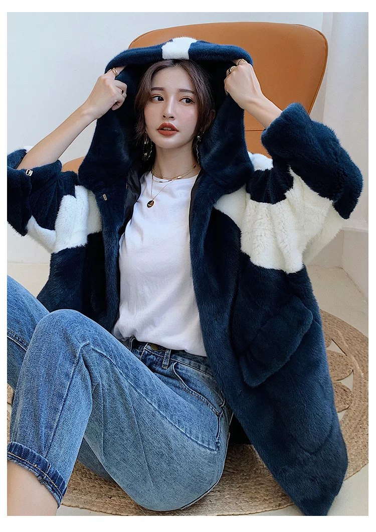 Natural Real Mink Fur Coat Hooded Women's Mink Fur Outwear