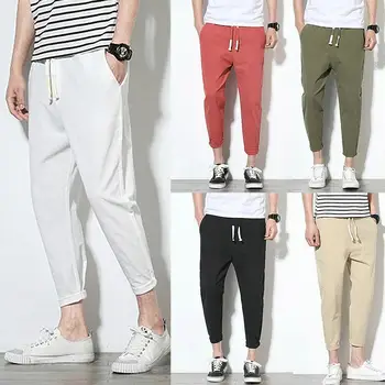 

Men Casual Solid Color Ankle Tied Pockets Drawstring Sports Long Pants Trousers Solid color pants easy to match