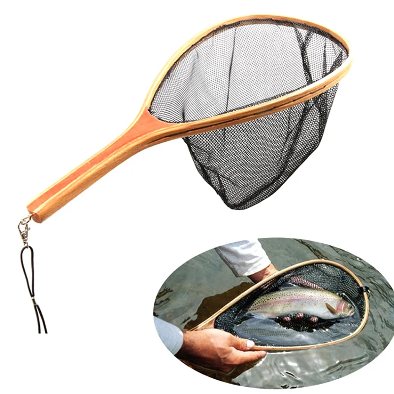 Wholesale Fly Fishing Landing Net Mesh Trout Catch Wooden Frame Handle Portable Accessories G66