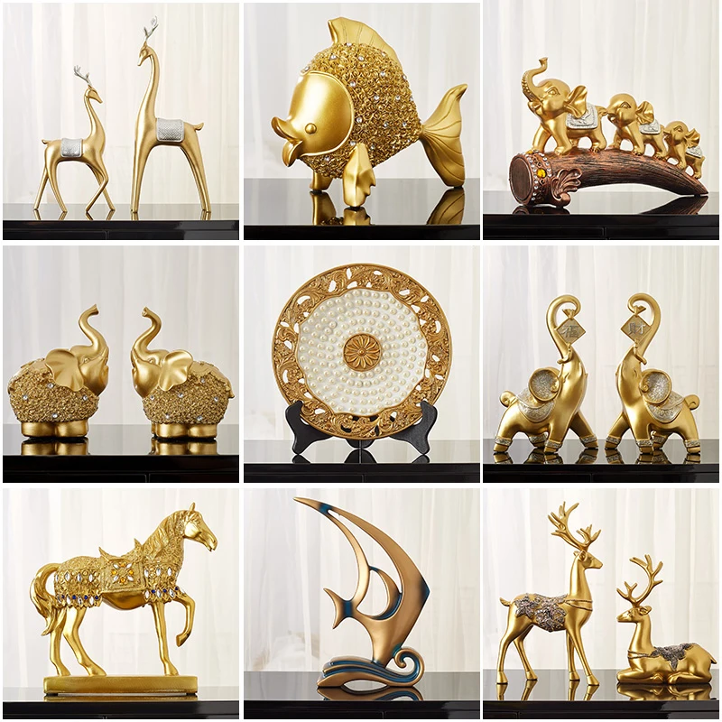 Статуя слона из золотой смолы Lucky Feng Shui элегантная статуя оленя лошади статуэтка