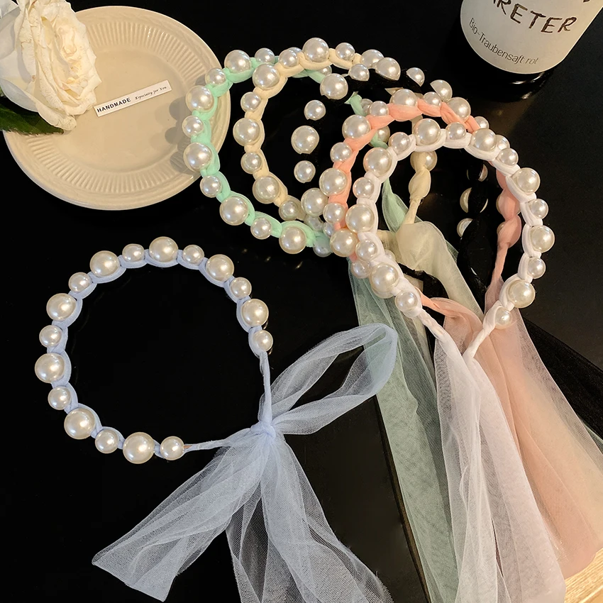 1PC Sweet Bow Hair Bands For Woman Girls Tied Hair Gentle Lace Streamer Pearl Ribbon Headdress Headband Hair Accessories Hot