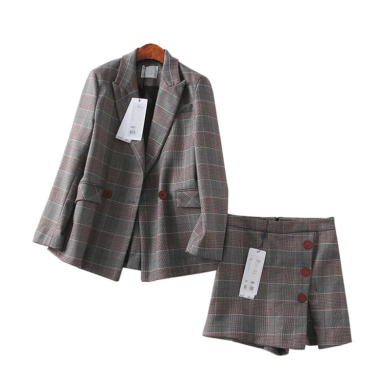 

A Generation of Commuting Ol Fashion Elegant Versatile Plaid Suit Wide-Leg Culottes Two-Piece Set Entity
