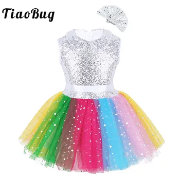 

Kids Girls Sleeveless Sequined Rainbow Mesh Ballet Tutu Dress with Hair Clip Set Children Modern Stage Performance Dance Costume