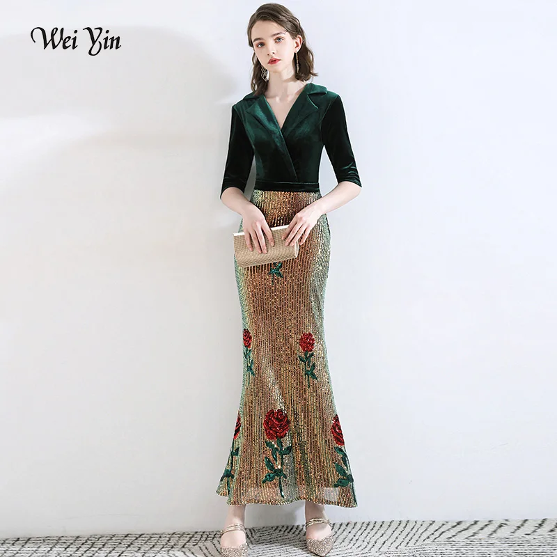 

wei yin AE0311 Robe De Soiree 2020 Sexy V-neck Half Sleeves Mermaid Green Sequin Long Evening Dresses Elegant Party Dresses