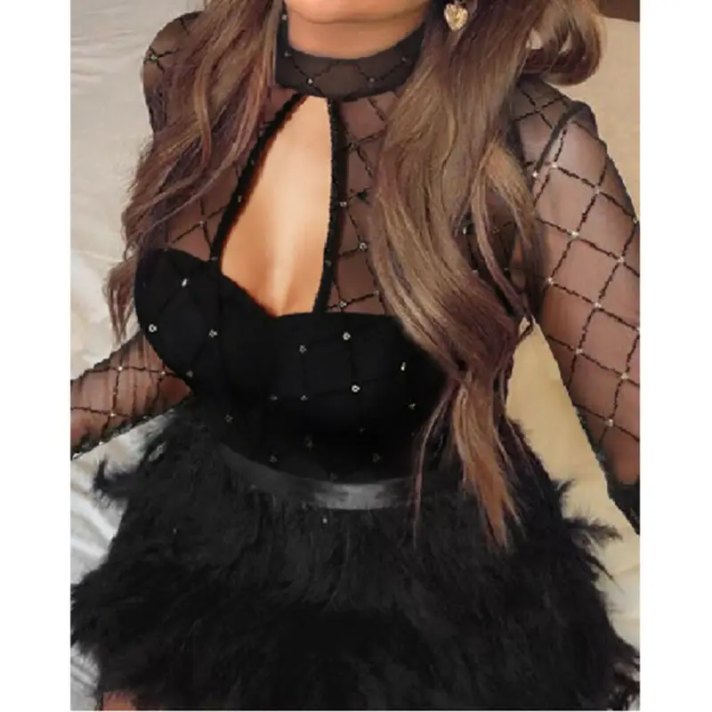 Goocheer, новинка, Vestidos, зима, осень, женское, сексуальное, с кристаллами, с высоким воротом, с длинным рукавом, из прозрачной сетки, платья, перо, Клубное, облегающее, вечерние, платье