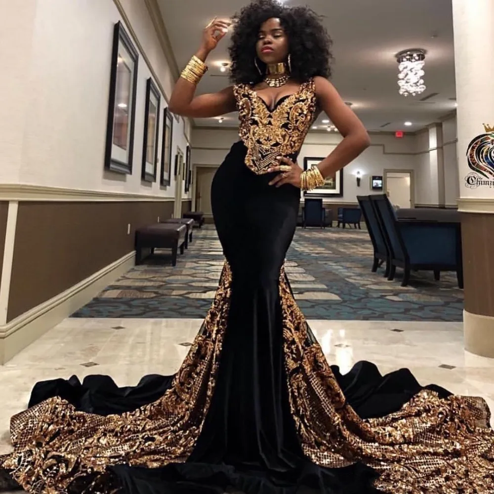 Gold Sequined Mermaid Prom Dresses V 