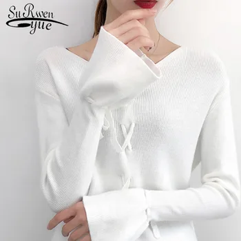

Women Fashion Clothing Casual Computer Knitted V-Neck Flare Sleeve Sweater Women Elegant Soft 2019 Autumn Women Tops 5286 50