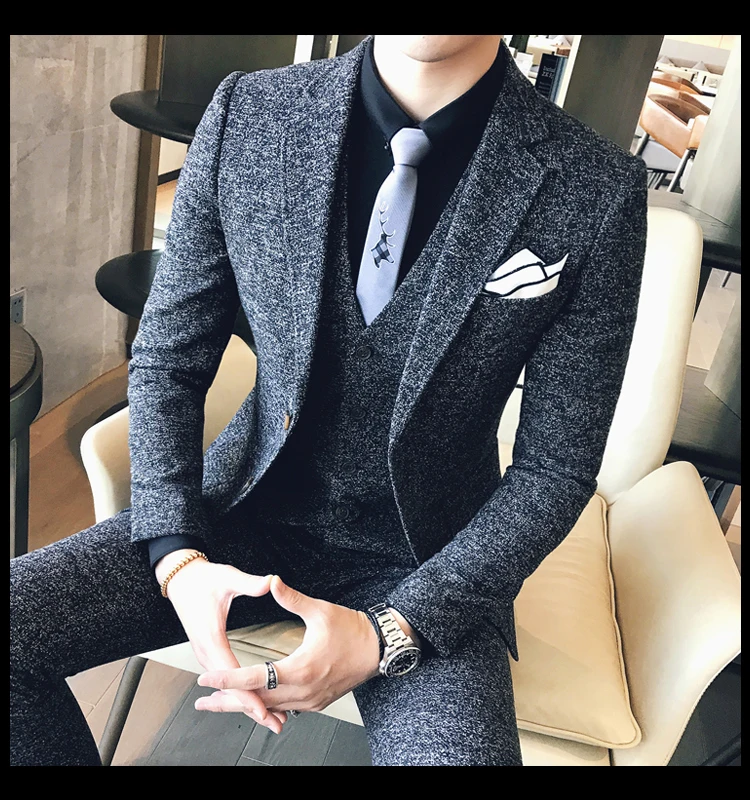 Мужской твидовый костюм, английский мужской черный серый осенний зимний Свадебный костюм, мужской полный комплект одежды