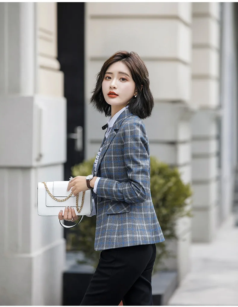 Early Autumn New Style WOMEN'S Dress Small Coat Women's College Style Western Style Jade Raw Material Suit Blue Plaid Briti