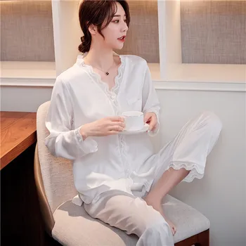 

Black Pajama Set Spring Summer Ladies Ice Silk Cardigan Pajamas Long Sleeve Trousers Outing Home Clothes Pure Simple Fairy Style
