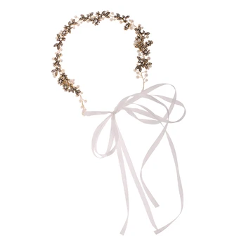 

Fake Diamond Headband For Wedding Leaves Flower Pearl Bridal Headdress Gold Color Alloy