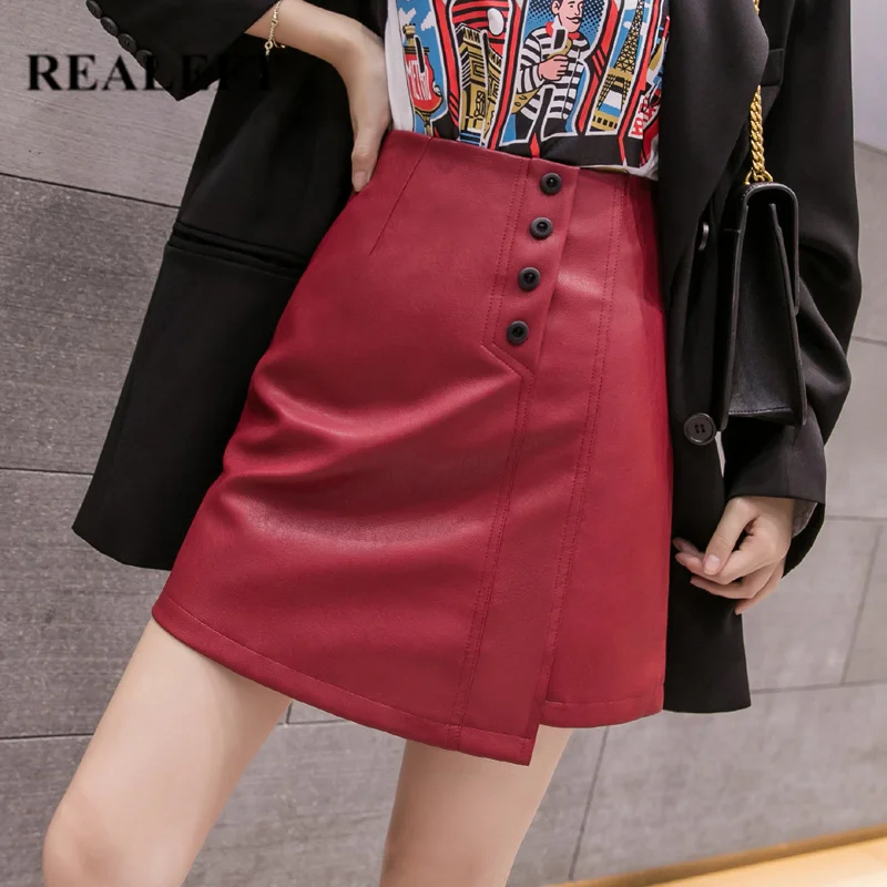 

REALEFT 2019 New Arrival Autumn Winter Vintage Wine Mini Skirts High Waist PU Leather Button Wrap Sexy A-Line Short Skirts