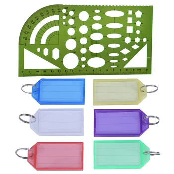 

1Pcs Template Ruler Plastic Protractor Student Clear Green & 100Pcs Metal Ring Color Plastic Keychain Luggage Id Card Name Label