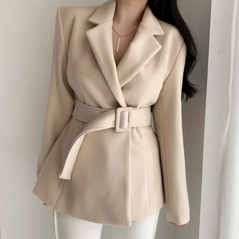 Beige Coat Women RICININA, костюм, шерстяная куртка, для женщин, зима, с поясом, одноцветная, для офиса, женские куртки, элегантные,, повседневные, короткие, пальто для женщин - Цвет: Beige Coat Women