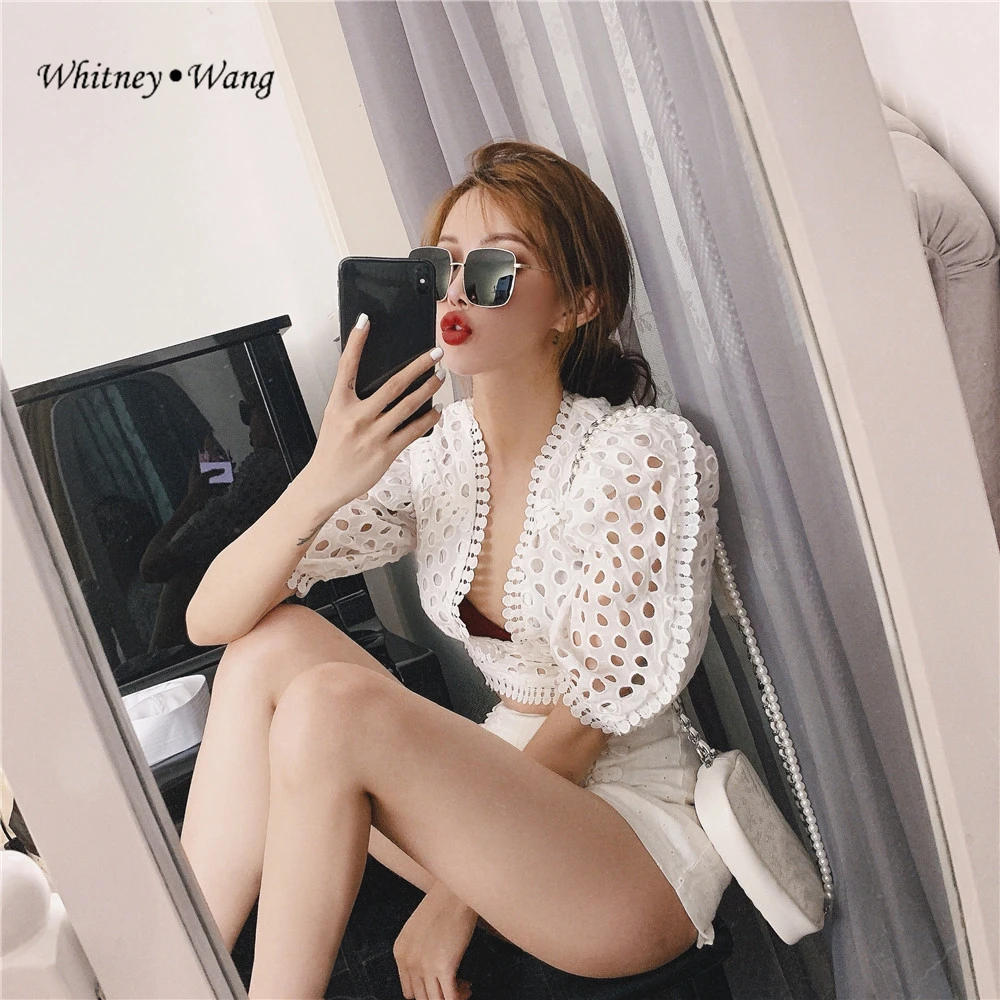 

WHITNEY WANG Blouses Woman 2019 Fashion Streetwear Sexy Deep V-neck Hollow Out Lace Blouse Women Blusas Shirt Tops