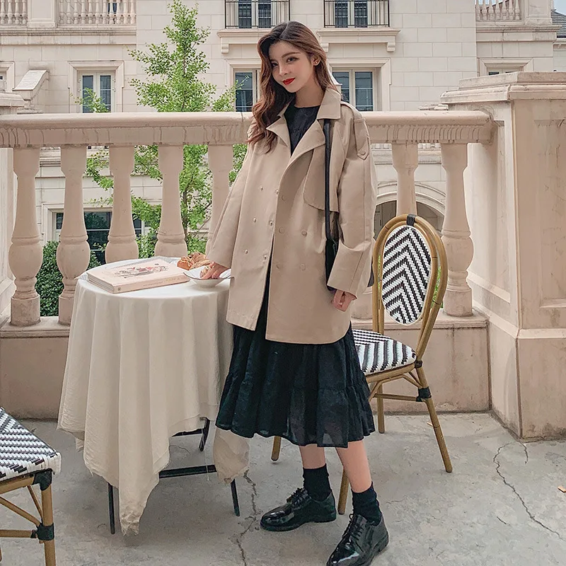 

Trench Coat Women's Mid-length Students College Style Khaki Short-height Korean-style Loose-Fit Spring And Autumn 2019 New Style