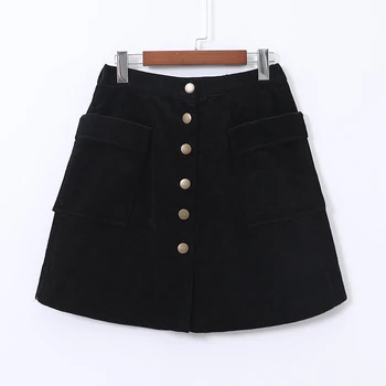 

New Spring Winter Black Single Breasted Ladies Skirts Women Plus Size XL-3XL A Line Slim Pockets Button Corduroy Sexy Mini Skirt