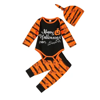 

3PCs Halloween Baby Boy Girl Stripe Romper Long Pants Free Hat Infant Baby Clothes Set Autumn