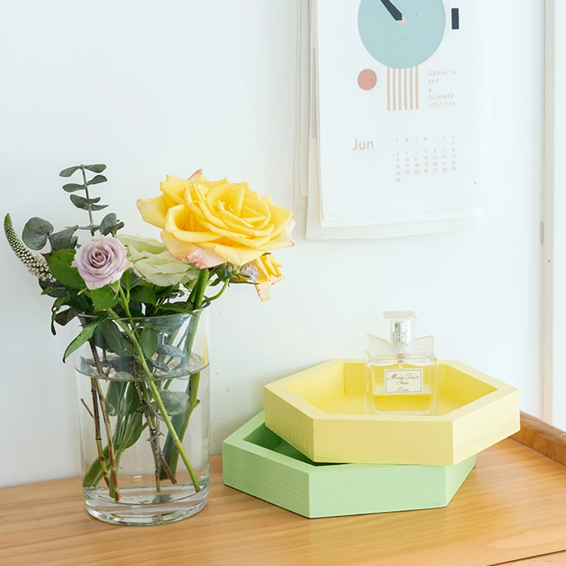 Wood tray handmade hexagon cake tools for party decoration perfume makeup Geometric storage plate sweet table