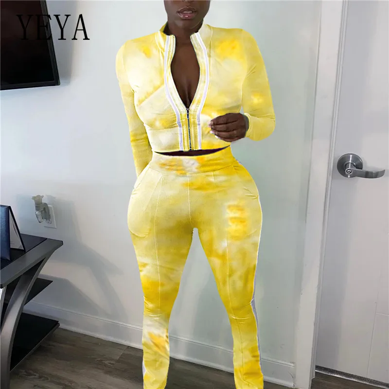 

YEYA Two Piece Sets Feature Tie-dye Printing Long Sleeve Zipper Jacket and Pencil Pants Ladies Casual Fitness Sports Suit