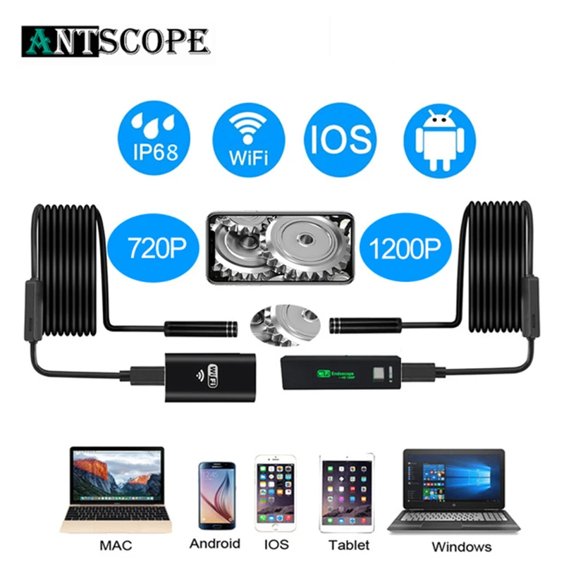 Antscope 1200 p/720 p Wifi эндоскоп камера для Iphone Android бороскоп Водонепроницаемая камера эндоскопическая 8 мм мягкая/Жесткая трубка iOS 40