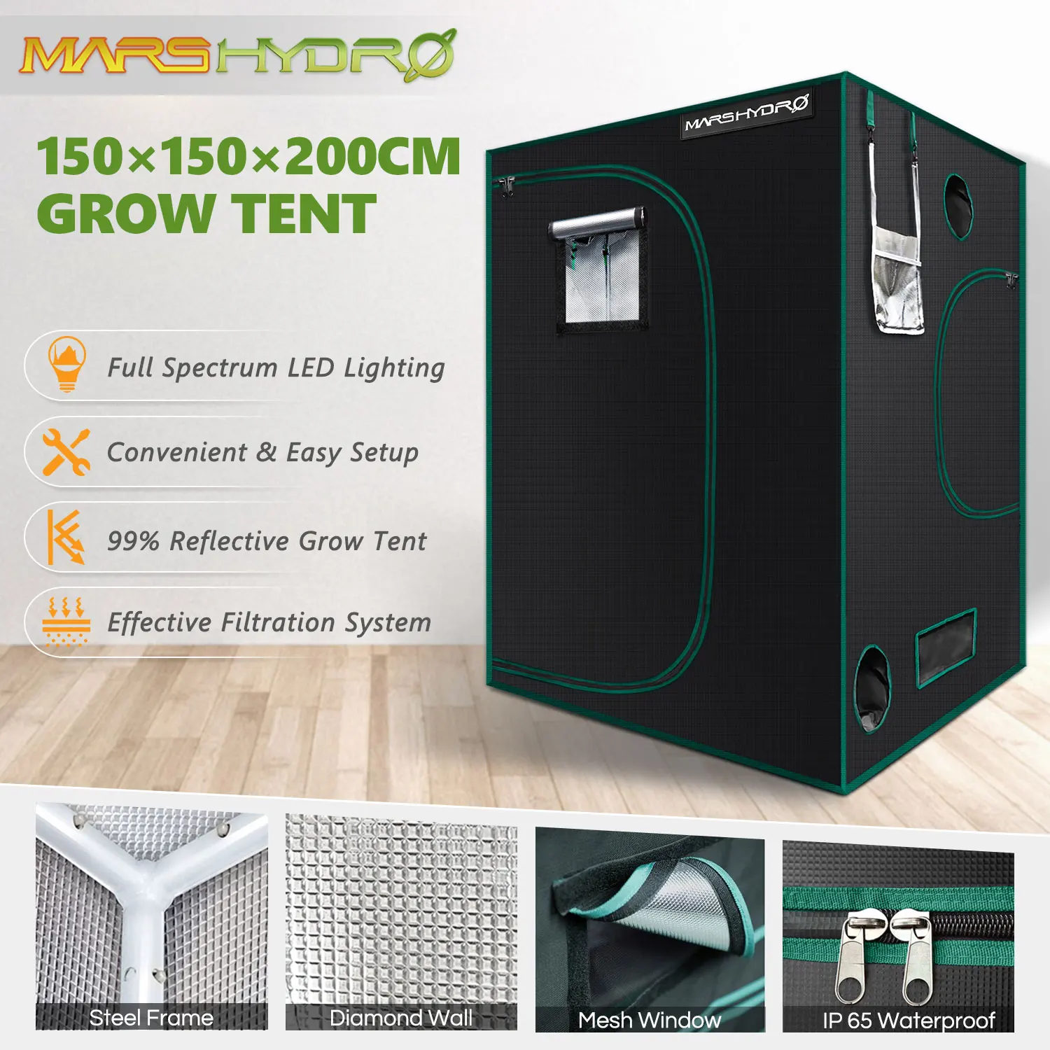 1680D Marshydro LED grow tent 150*150*200cm for HydroponicsGrow BoxLED Grow System