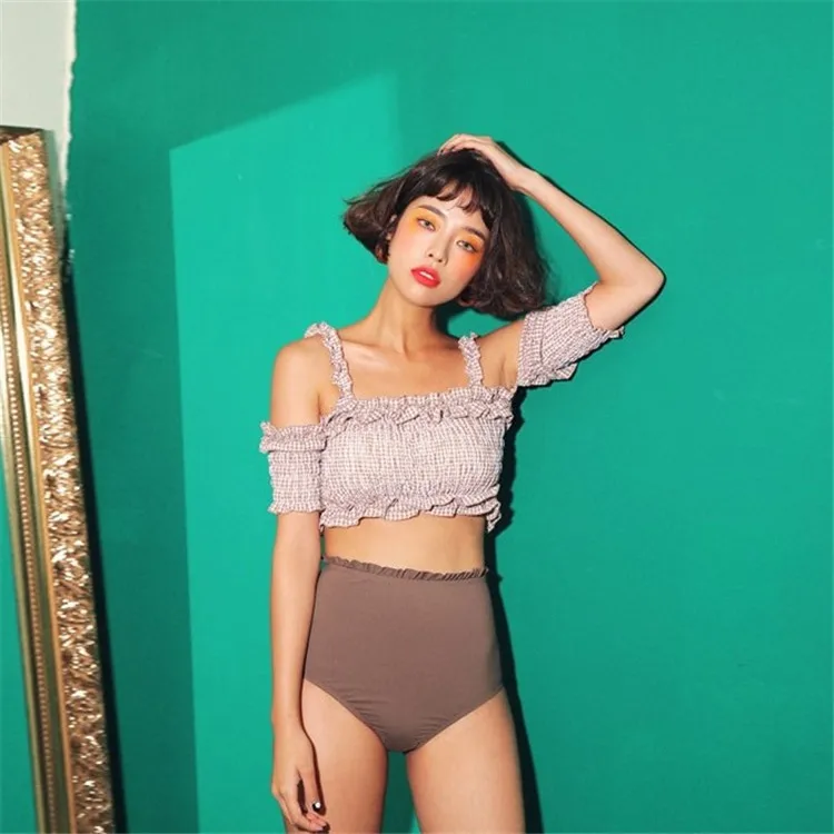 

New Style South Korea Bathing Suit Women's Retro Pleated Tube Top Chest Emphasizing Small Bust Bikini High-waisted Belly Coverin
