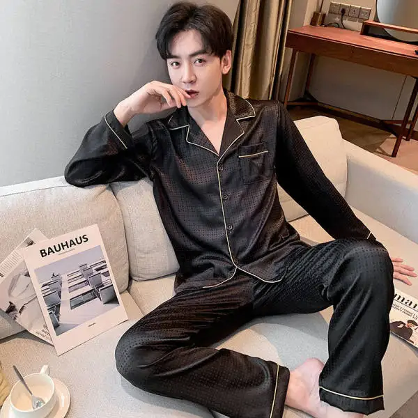 best mens pajamas Men's Pijama Satin Luxury Big 4xl 5xl Super Soft Silk Man Spring Sleep Tops Long Trousers Night Pajamas for Men Dots Design mens loungewear sets Pajama Sets