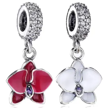 

Authentic 925 Sterling Silver Bead Charm Red & White Enamel Orchid Flower Pendant Beads Fit Bracelet Bangle DIY Jewelry