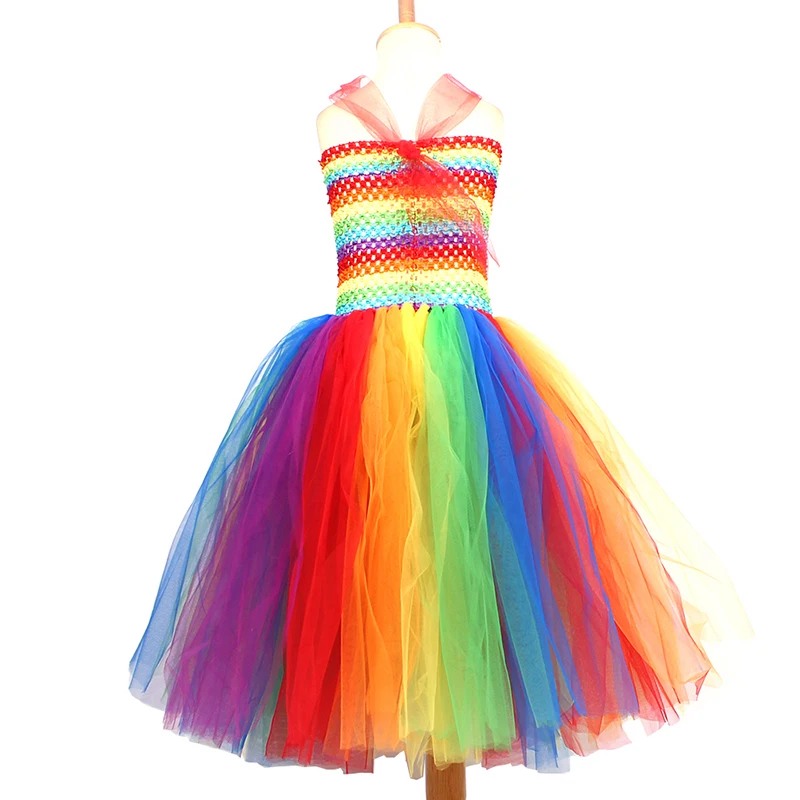Rainbow Circus Clown Girls Tutu Dress Kids Halloween Party Costume Ring Master Clothes Tulle Dress with Curly Wig and Red Nose