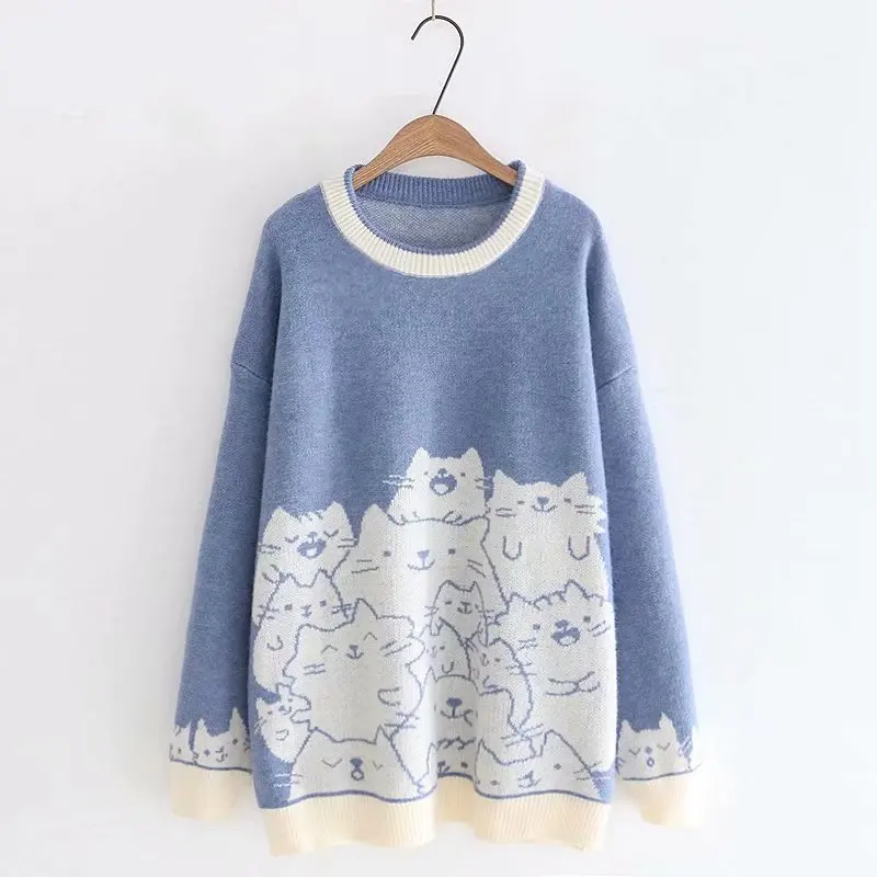 LUNDUNSHIJIA осень зима много милых кошек печатных свитера для женщин Новое поступление модные женские свободные свитера с круглым вырезом - Цвет: Синий
