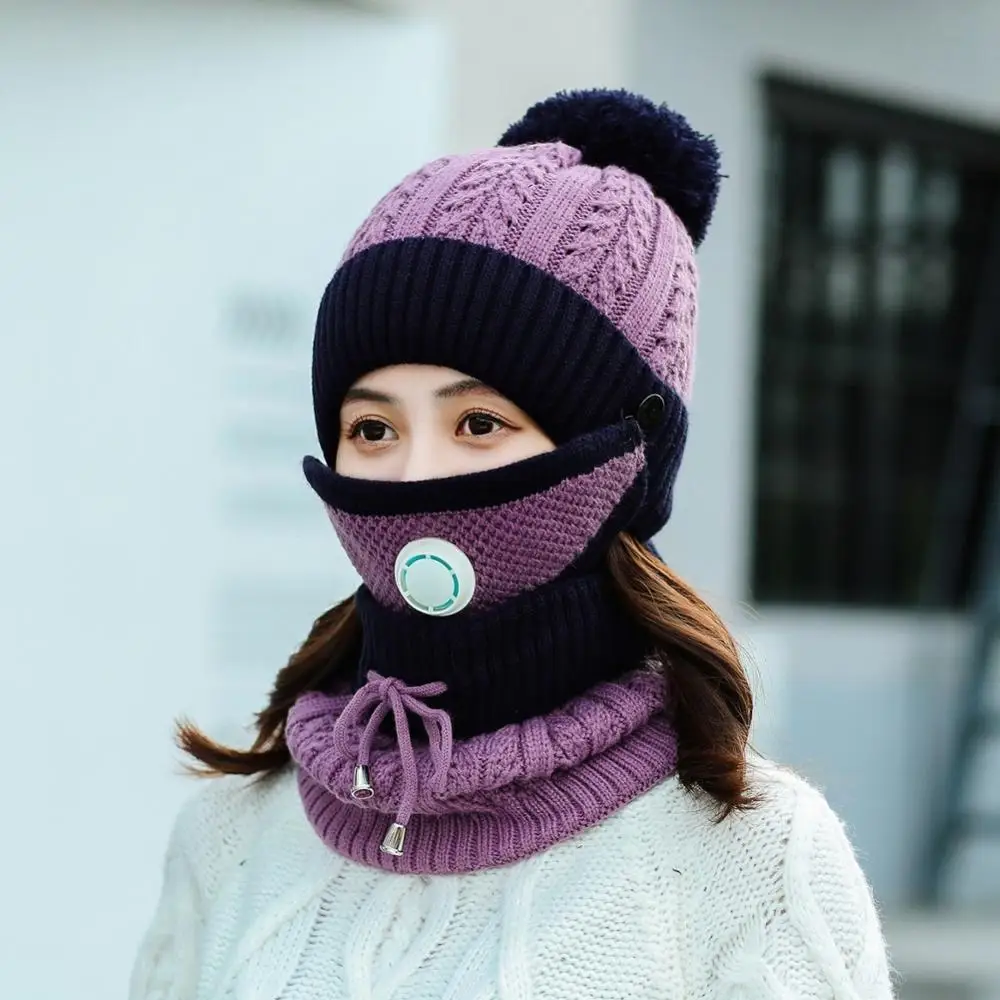 Purple Новинка, вязанная Зимняя Теплая Лыжная шапка для верховой езды, шарф, маска, набор, для женщин, утолщенная, Skullies Beanies, кольцо, Женские аксессуары, подарок для девочек T04 - Цвет: Purple