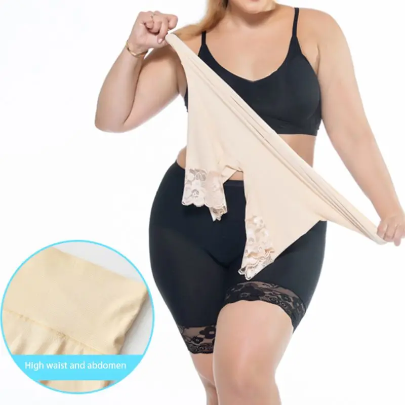 

Women Plus Size High Waist Tummy Control Under Shorts Floral Lace Trim Safety Leggings Seamless Ice Silk Mesh Short Pants 3XL