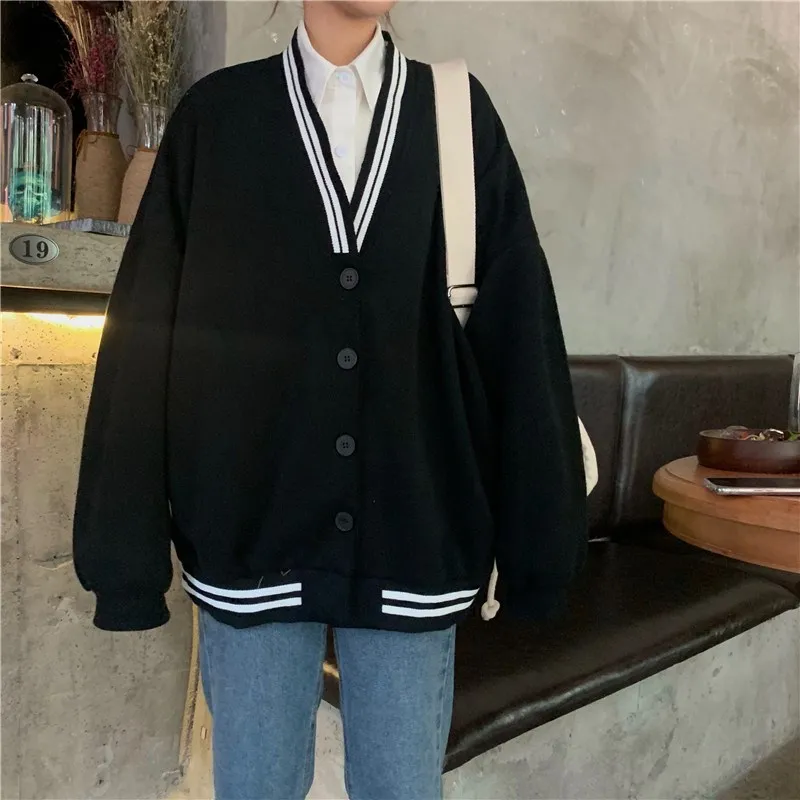 Осенняя одежда, корейский стиль, стиль, свободный крой, контрастный цвет, v-образный вырез, tiao wen wang, красный, Повседневный, универсальный, длинный рукав, Baseb