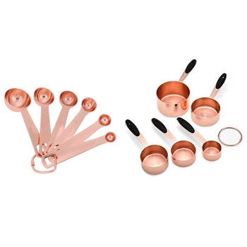 

2 Set Kitchen Accessories: 1 Set 6 Pcs Measuring Spoons & 1 Set 5 Pcs Measuring Cups with Wooden Handles