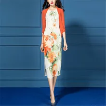 Весенне-летнее платье, костюмы для женщин, шифоновое платье-карандаш с принтом длиной до колена, платье без рукавов, два предмета, элегантная офисная официальная одежда