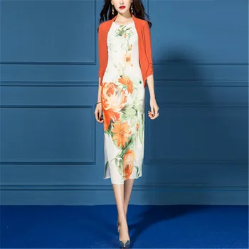 

Spring Summer Dress Suits Women Set Chiffon Printed Pencil Knee Length Sleeveless Dress Two Piece Elegant Office Formal Clothes