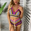 Crochet Bikini Sets Multi Color Knitted Rainbow Striped Off Shoulder Top + Bottom Bikini Beachwear Bathing Suit Women Swimsuit 3