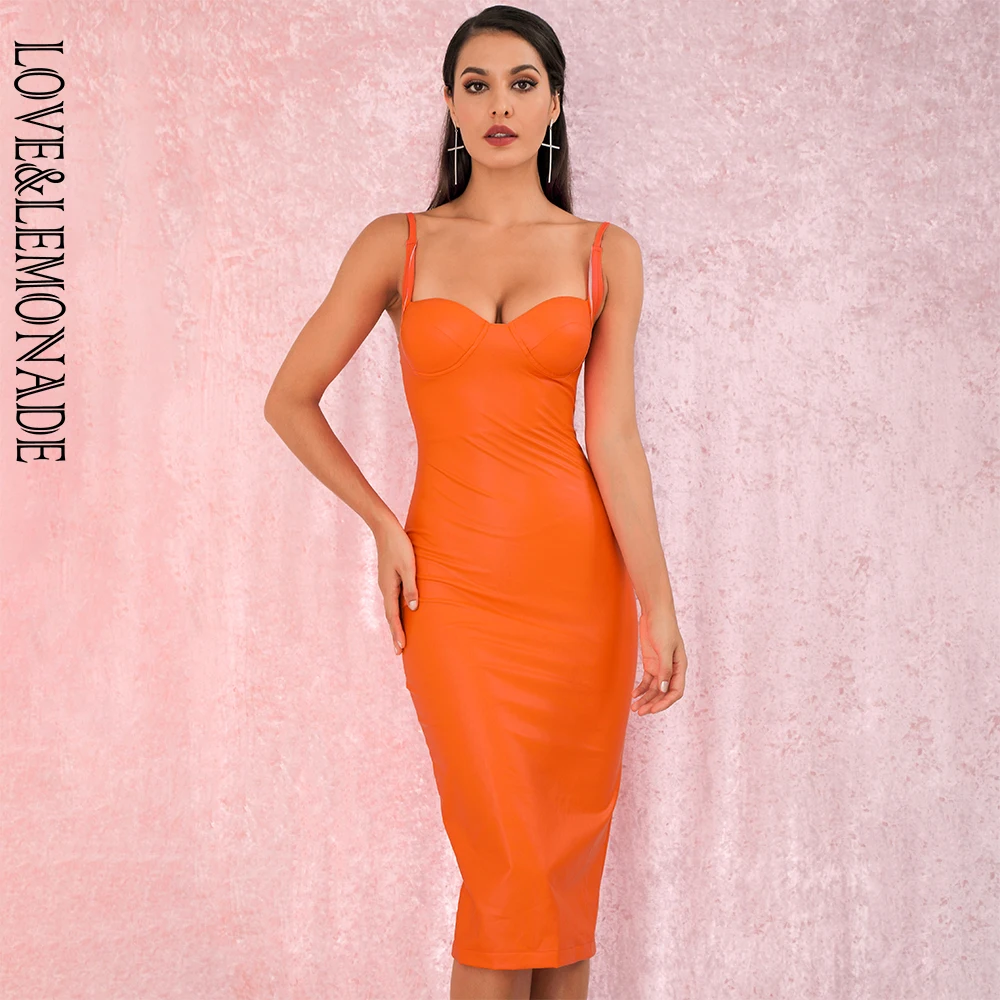 

LOVE&LEMONADE Sexy Fluorescent Orange Tube Top Elastic pu Material bodycon Over the knee Party dress LM81468-1