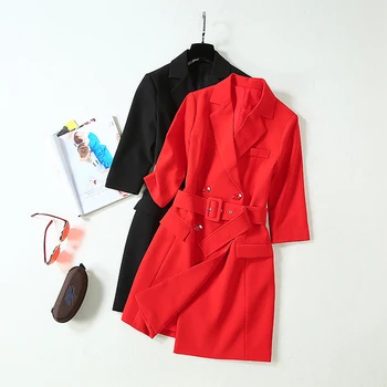 

European runway dress designers 2019 women elegant red/black double-breasted slim blazer dress a-line mini dress female