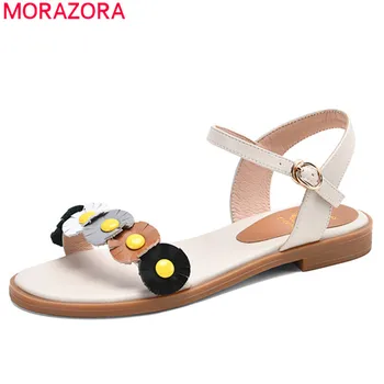 

MORAZORA 2020 hot sale genuine leather shoes women sandals flower buckle sweet summer casual shoes beach flat sandals ladies